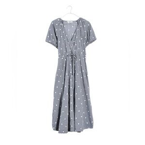 Madewell Embroidered Gingham Faux-Wrap Tie-Waist Midi Dress (Size S)